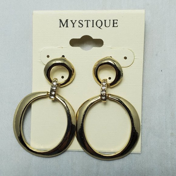 Mystique gold double circle drop earring with rhinestones - Picture 2 of 3